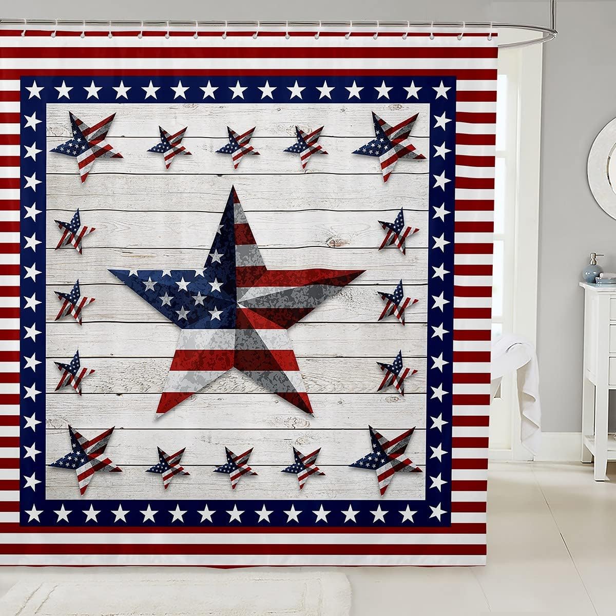 Rustic American Flag Shower Curtain for Boys and Girls Bathroom, Western Texas Star Design