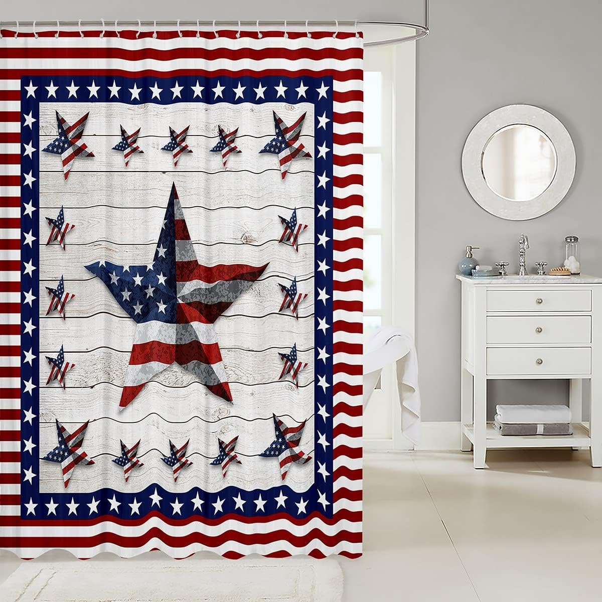 Rustic American Flag Shower Curtain for Boys and Girls Bathroom, Western Texas Star Design