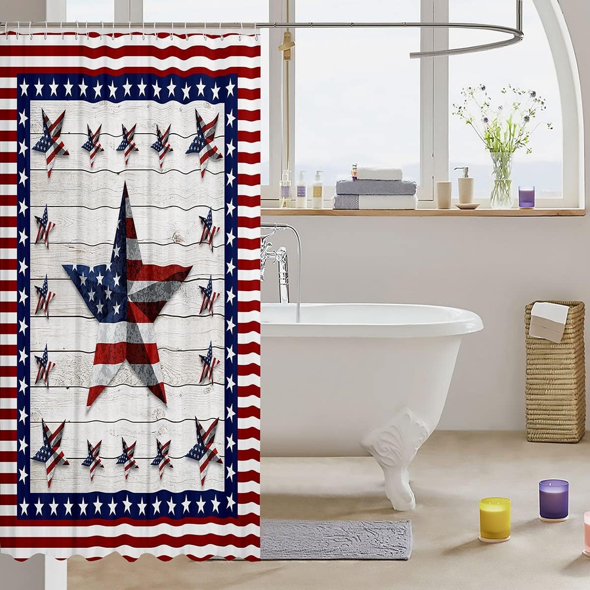 Rustic American Flag Shower Curtain for Boys and Girls Bathroom, Western Texas Star Design