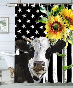 Rustic American Flag Sunflowers Black White Backdrop Bull Cattle Animal Farmhouse Shower Curtain For Bathroom 