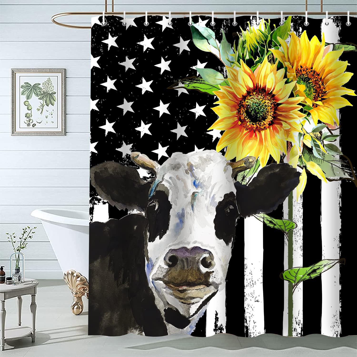Rustic American Flag Sunflowers Black White Backdrop Bull Cattle Animal Farmhouse Shower Curtain For Bathroom