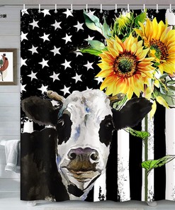 Rustic American Flag Sunflowers Black White Backdrop Bull Cattle Animal Farmhouse Shower Curtain For Bathroom
