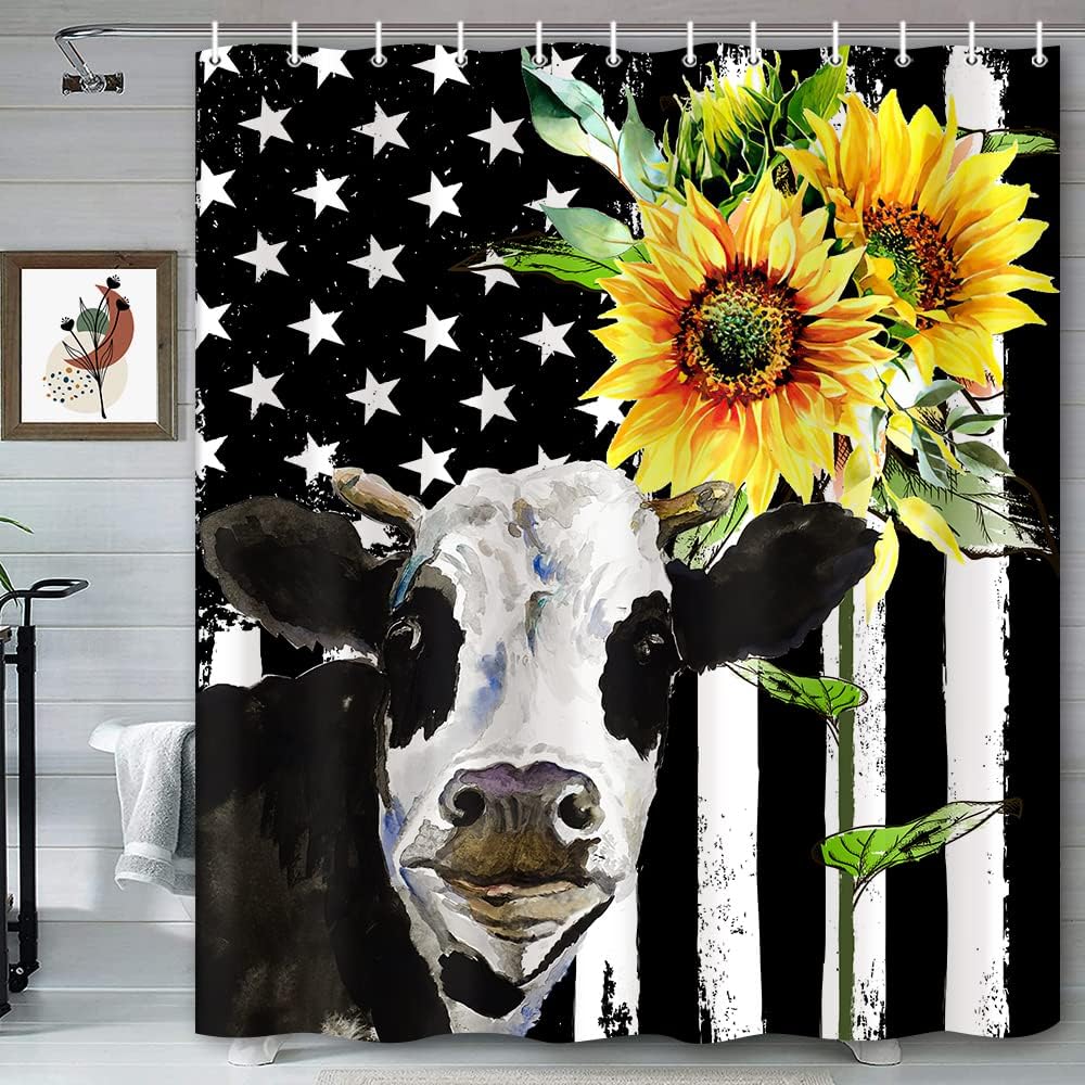 Rustic American Flag Sunflowers Black White Backdrop Bull Cattle Animal Farmhouse Shower Curtain For Bathroom