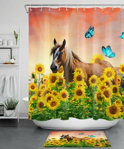 Rustic And Fun Horse, Sunflower, And Butterfly Shower Curtain For Bathroom Decor