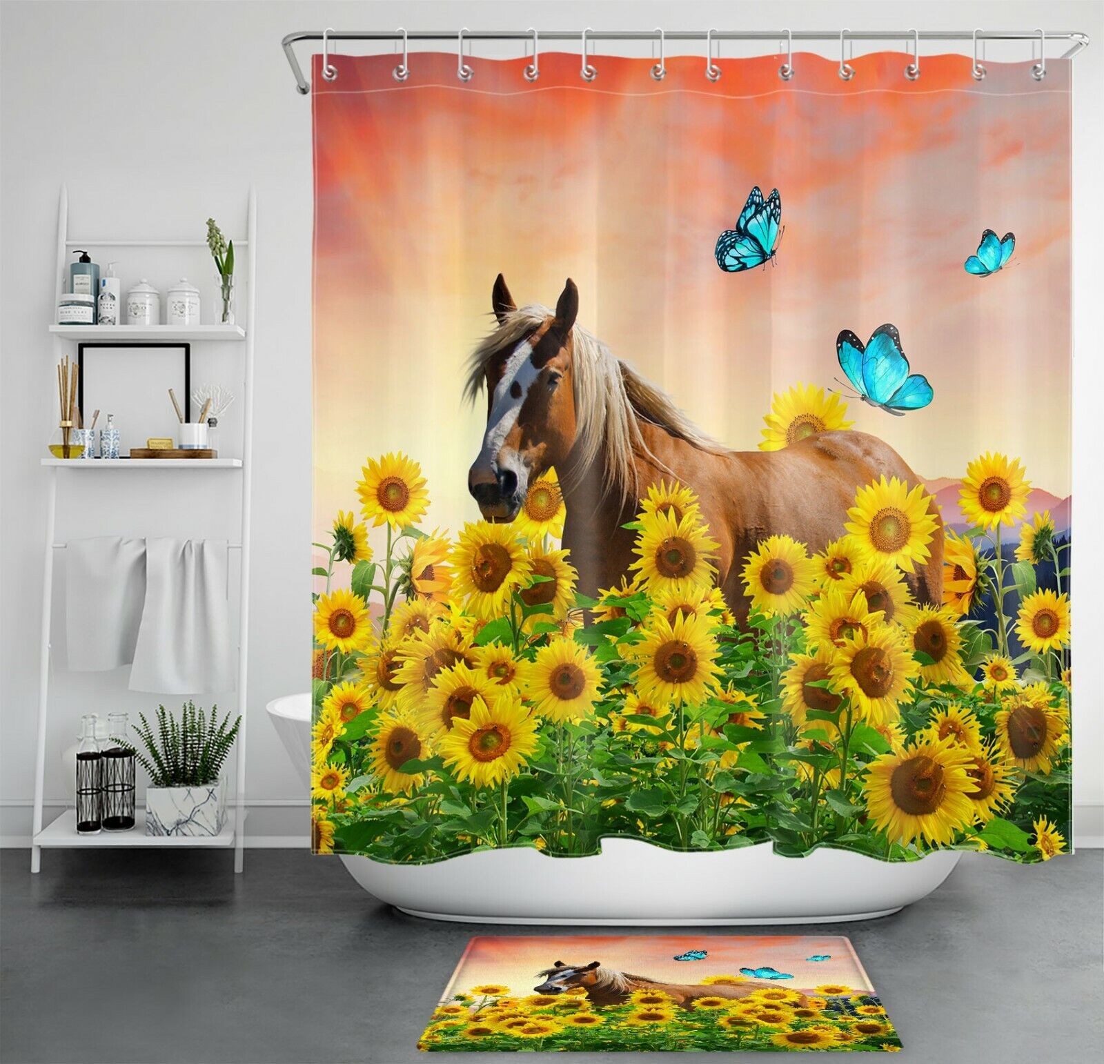 Rustic And Fun Horse, Sunflower, And Butterfly Shower Curtain For Bathroom Decor