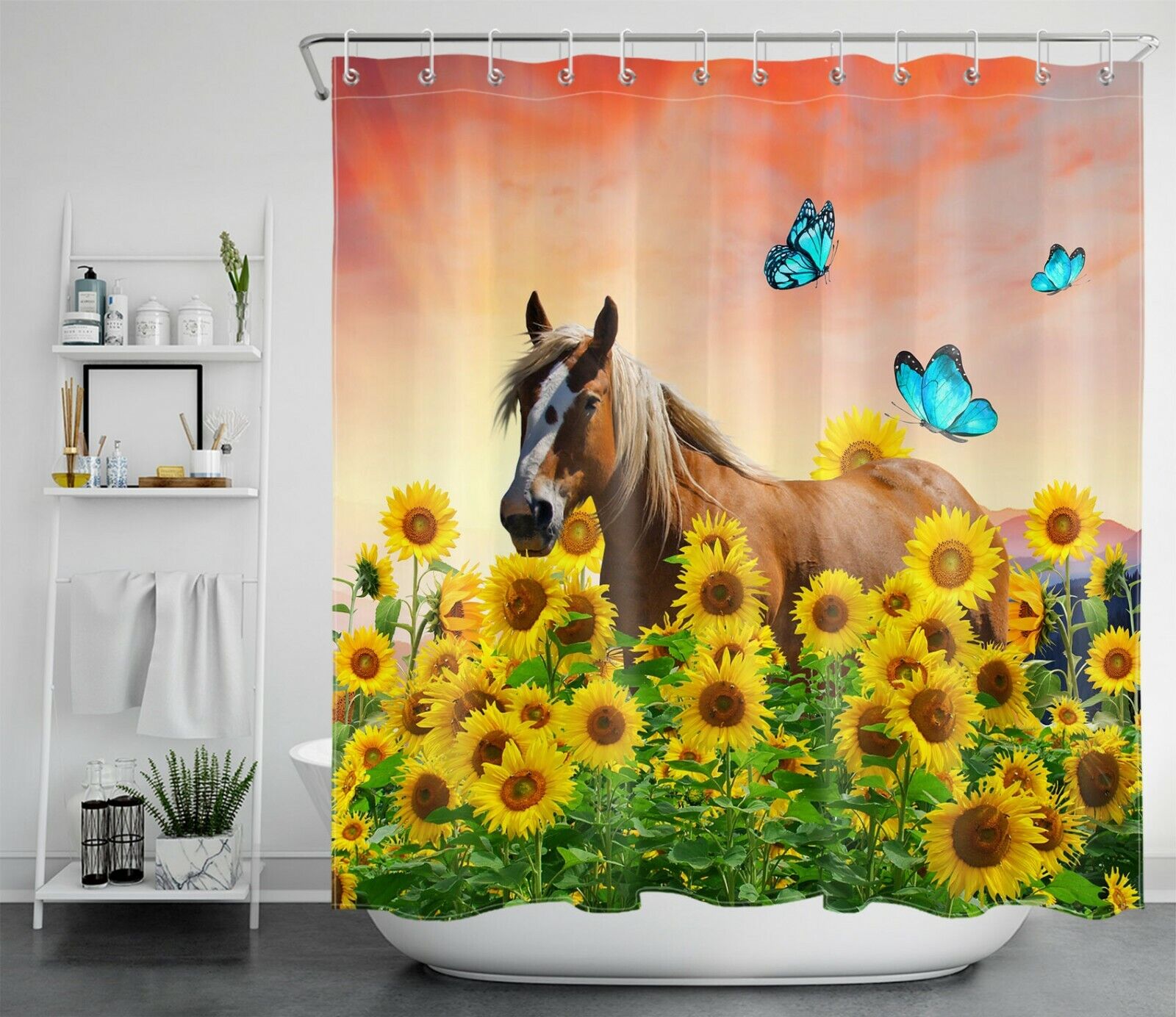 Rustic And Fun Horse, Sunflower, And Butterfly Shower Curtain For Bathroom Decor - Image 2