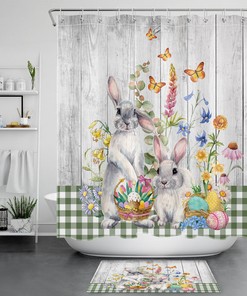 Rustic And Retro Easter Eggs With Floral Rabbit Shower Curtain Adds Vintage Charm To Any Bathroom