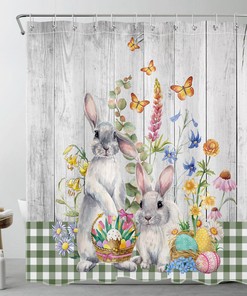 Rustic And Retro Easter Eggs With Floral Rabbit Shower Curtain Adds Vintage Charm To Any Bathroom
