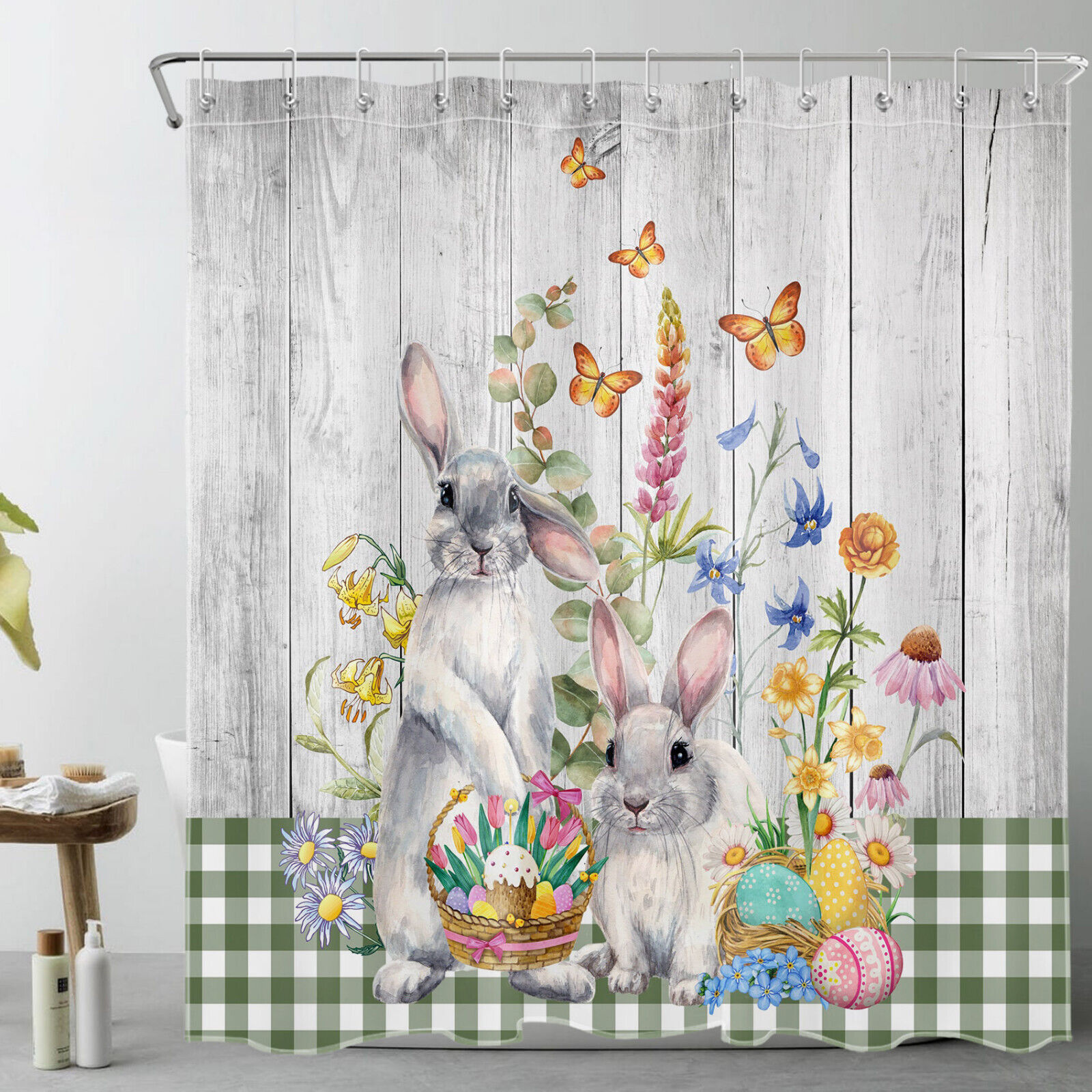 Rustic And Retro Easter Eggs With Floral Rabbit Shower Curtain Adds Vintage Charm To Any Bathroom