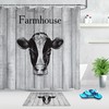 Rustic And Wild Black Gray Cow Head Fabric Shower Curtain With Wood Planks Design For Your Bathroom Decor