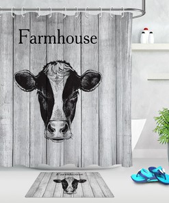 Rustic And Wild Black Gray Cow Head Fabric Shower Curtain With Wood Planks Design For Your Bathroom Decor
