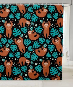 Rustic Animal Kids Shower Curtain With Cute Sloths, Palm Leaves And Beach Theme