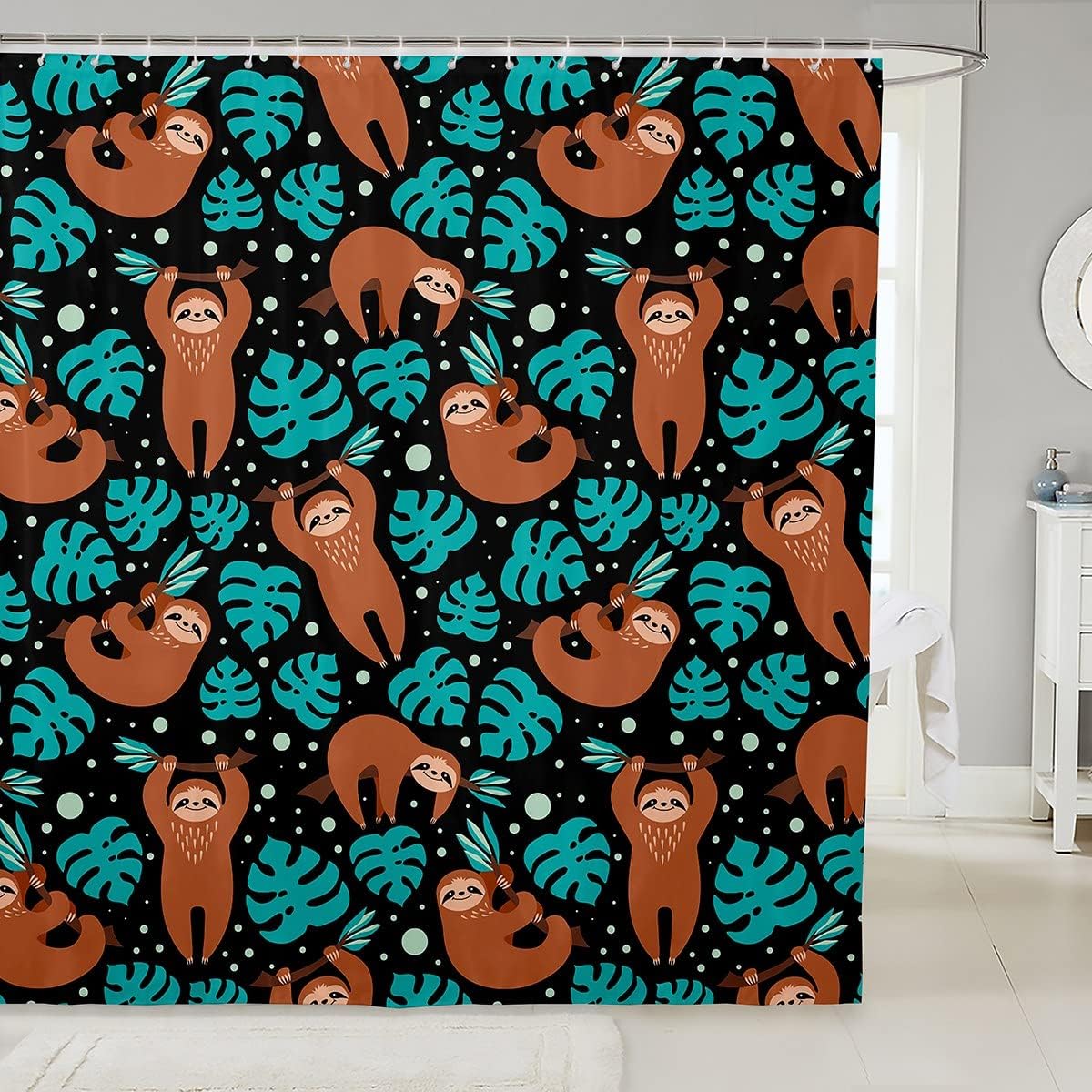 Rustic Animal Kids Shower Curtain With Cute Sloths, Palm Leaves And Beach Theme