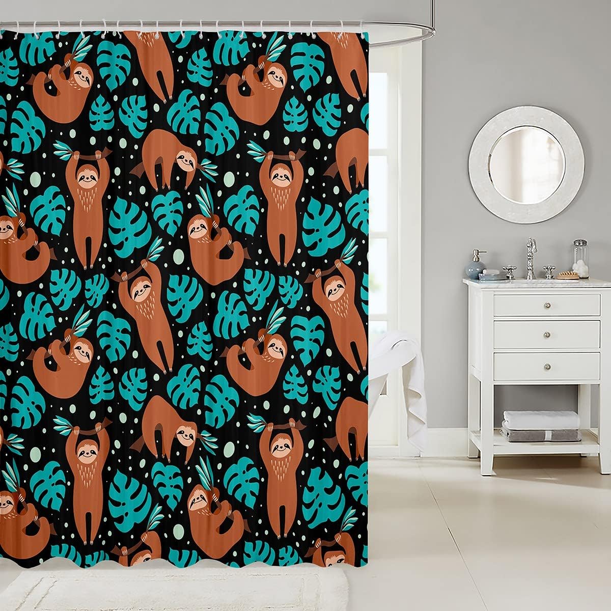Rustic Animal Kids Shower Curtain With Cute Sloths, Palm Leaves And Beach Theme - Image 2