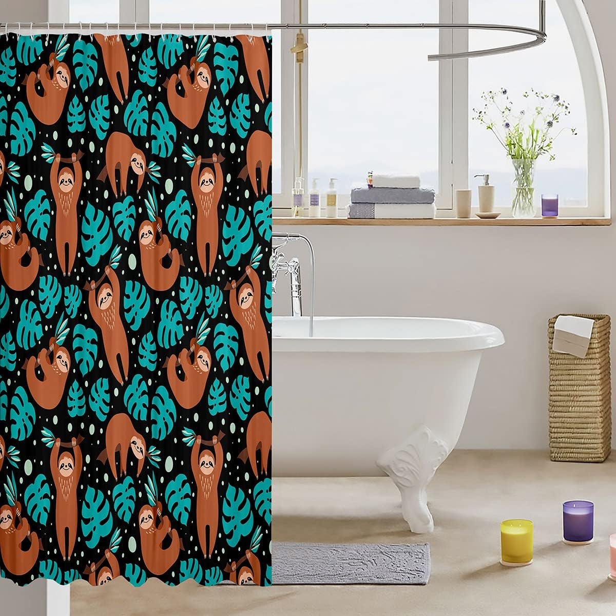 Rustic Animal Kids Shower Curtain With Cute Sloths, Palm Leaves And Beach Theme - Image 3