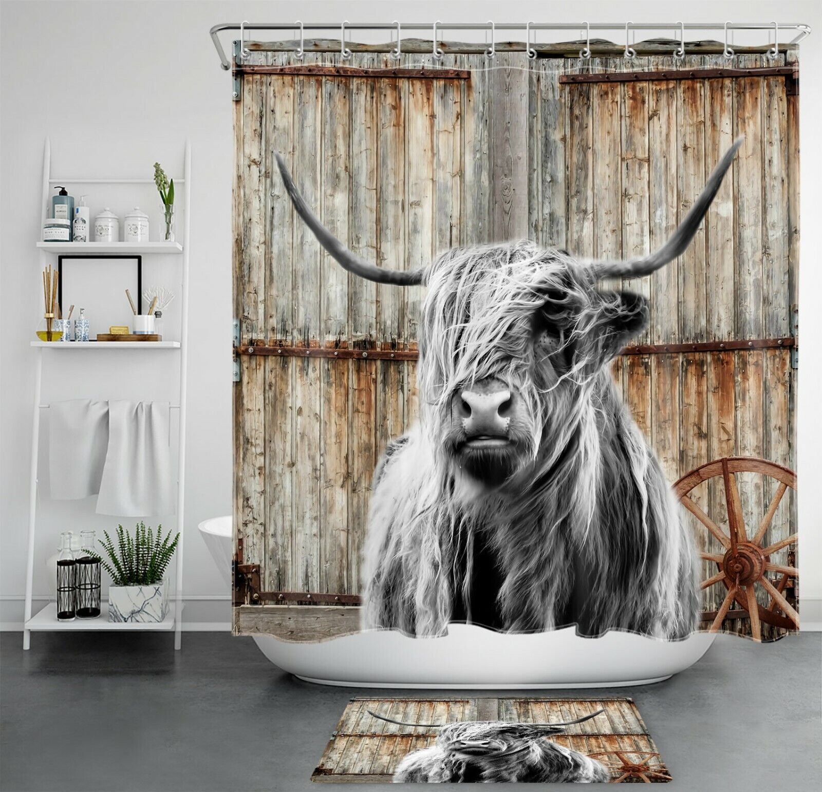 Rustic Barn Door Highland Cow Shower Curtain for Chic and Cozy Bathroom Decor, Perfect for Nature and Animal Lovers