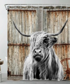 Rustic Barn Door Highland Cow Shower Curtain for Chic and Cozy Bathroom Decor, Perfect for Nature and Animal Lovers