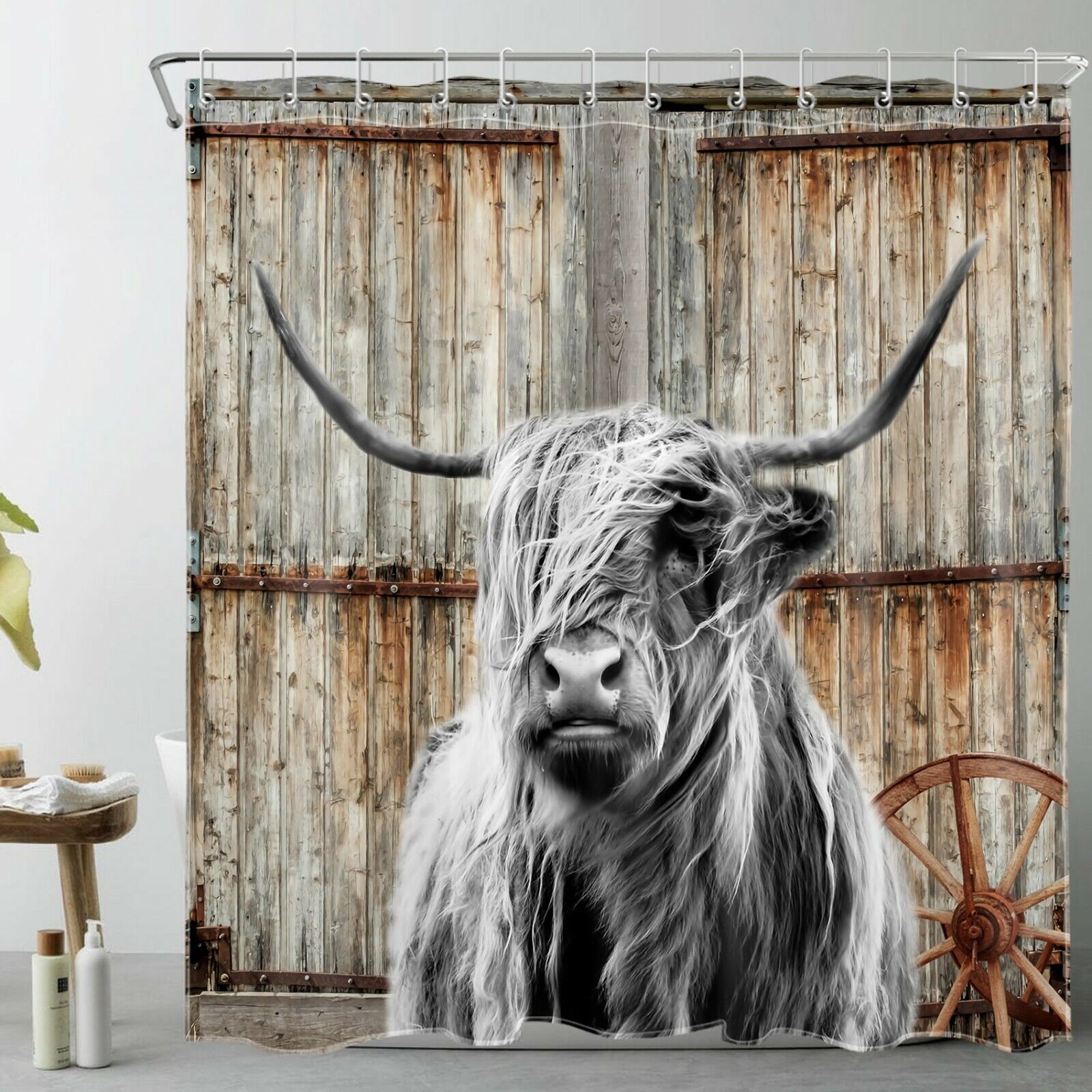 Rustic Barn Door Highland Cow Shower Curtain for Chic and Cozy Bathroom Decor, Perfect for Nature and Animal Lovers