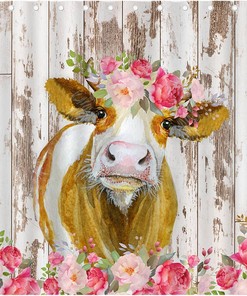 Rustic Barn Door Spring Floral Farmhouse Cow Shower Curtain For Bathroom 