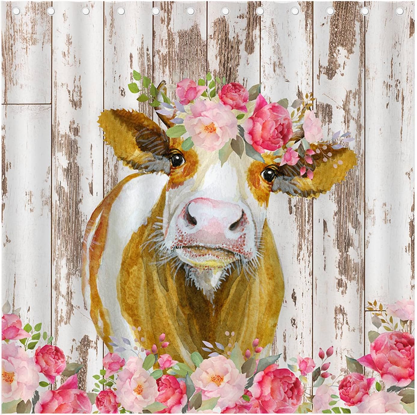 Rustic Barn Door Spring Floral Farmhouse Cow Shower Curtain For Bathroom