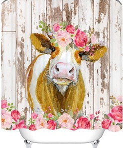 Rustic Barn Door Spring Floral Farmhouse Cow Shower Curtain For Bathroom