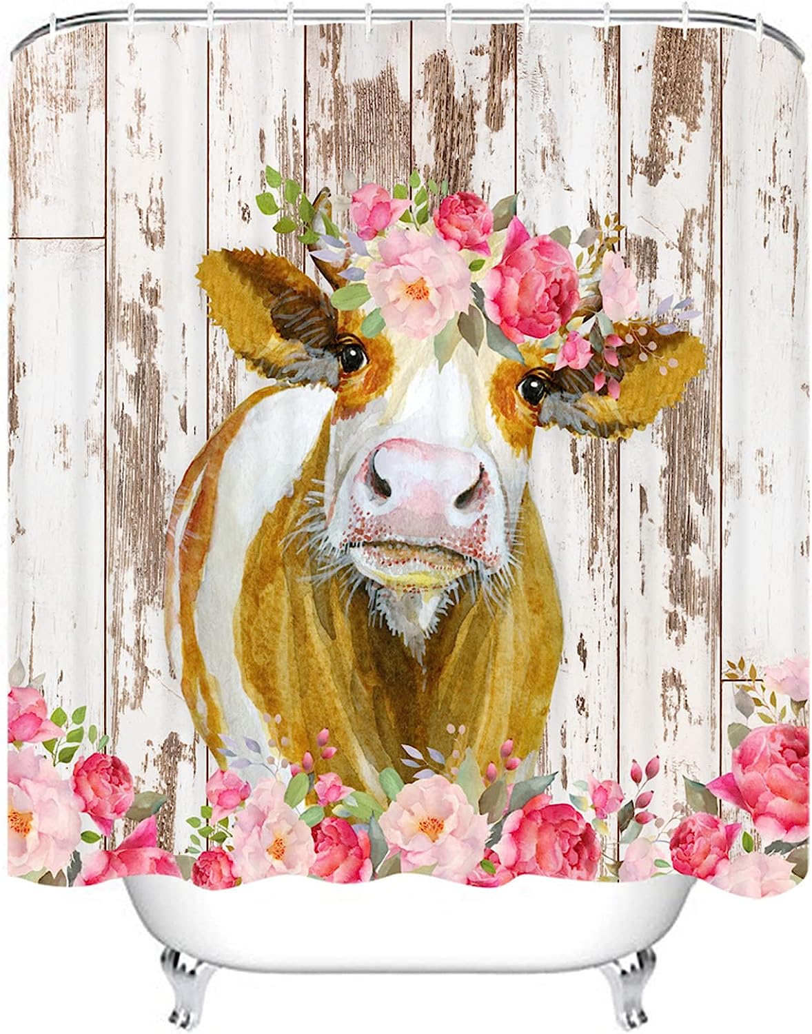 Rustic Barn Door Spring Floral Farmhouse Cow Shower Curtain For Bathroom