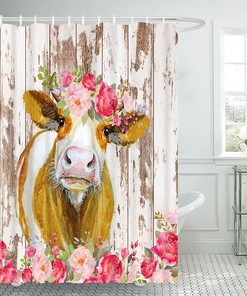 Rustic Barn Door Spring Floral Farmhouse Cow Shower Curtain For Bathroom