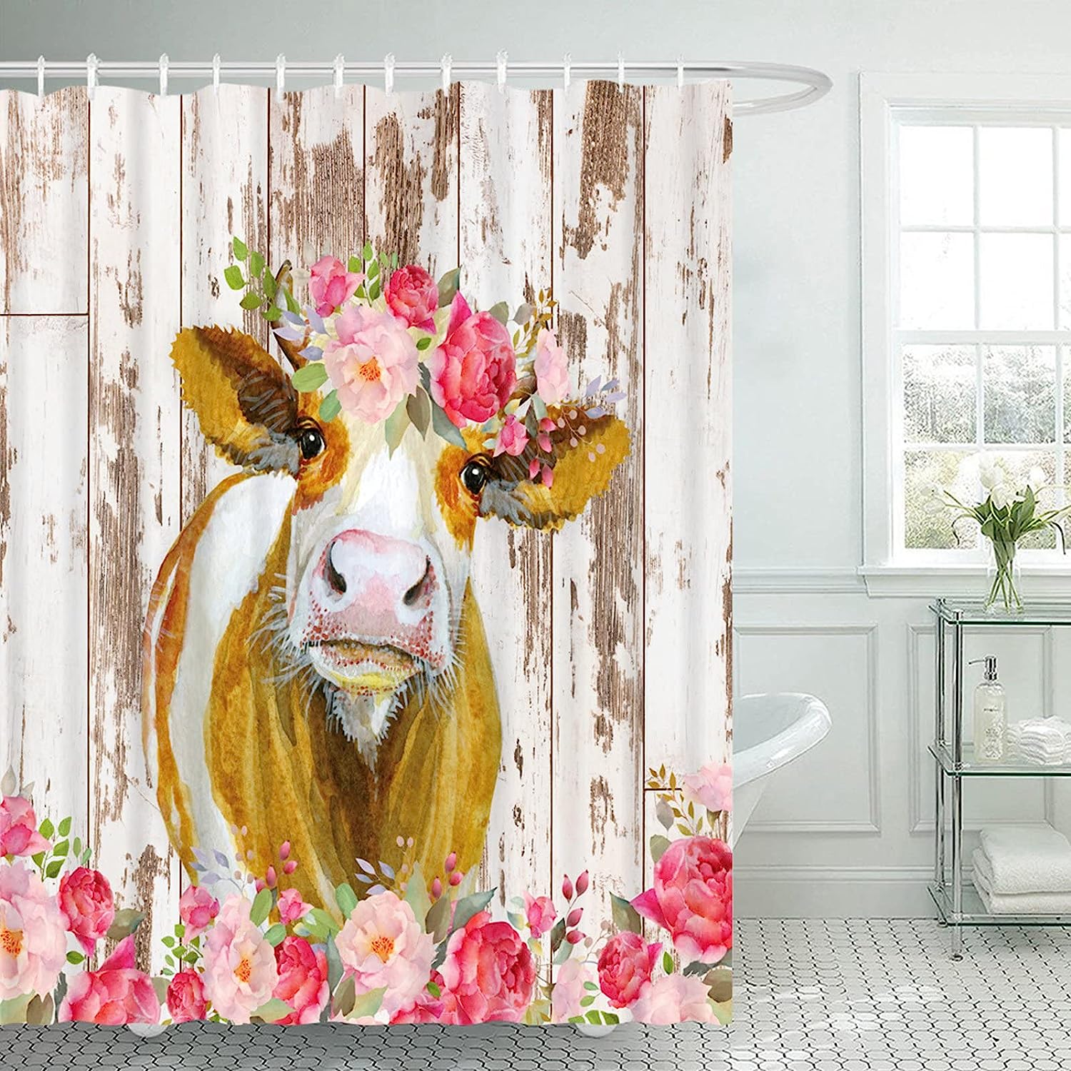 Rustic Barn Door Spring Floral Farmhouse Cow Shower Curtain For Bathroom