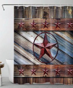 Rustic Barn Shower Curtain, Country Style Farmhouse Western Texas Star Wood Boards Fabric Bath Curtain - Ecotob