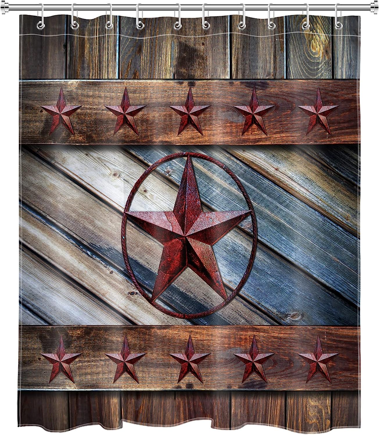 Rustic Barn Shower Curtain, Country Style Farmhouse Western Texas Star Wood Boards Fabric Bath Curtain - Ecotob