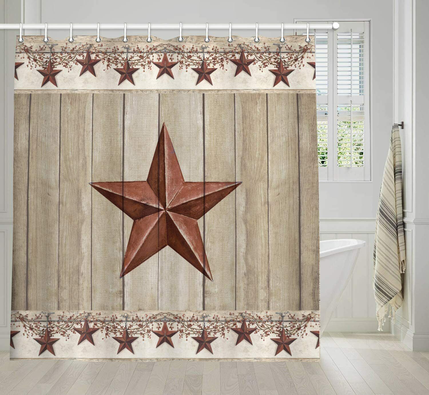 Rustic Barn Star Shower Curtain for Country and Western Bathroom Decor