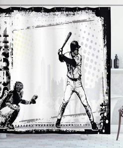 Rustic Baseball Team Silhouette Print Shower Curtain For Athlete'S Bathroom