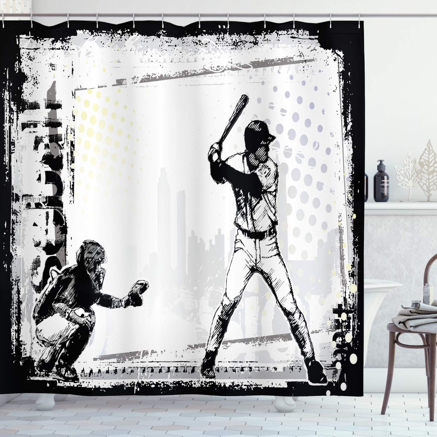Rustic Baseball Team Silhouette Print Shower Curtain For Athlete'S Bathroom