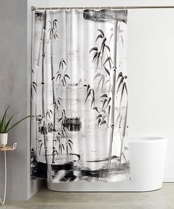 Rustic Bath Decor Elephant and Watercolor Bamboo Print Shower Curtain Fabric Bathroom Curtain Waterproof Bath Decor