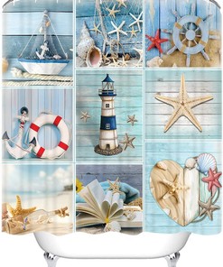 Rustic Beach Theme Shower Curtain With Anchor, Starfish, And Shell Prints - Waterproof And Long-Lasting