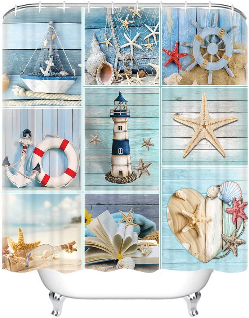Rustic Beach Theme Shower Curtain With Anchor, Starfish, And Shell Prints - Waterproof And Long-Lasting