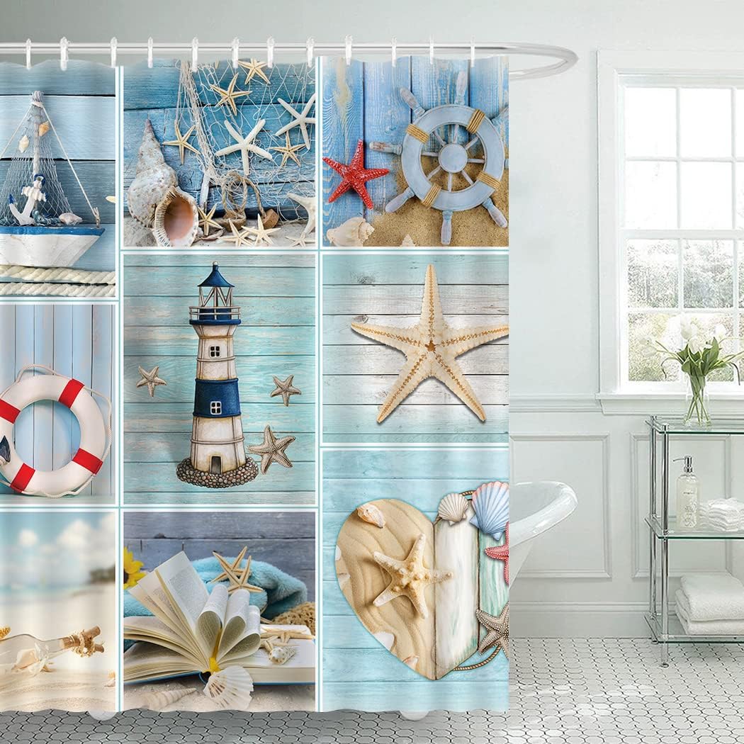 Rustic Beach Theme Shower Curtain With Anchor, Starfish, And Shell Prints - Waterproof And Long-Lasting - Image 2