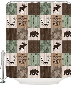 Rustic Bear Moose Patchwork Waterproof Bath Shower Curtain in Green