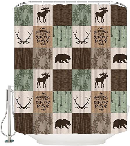 Rustic Bear Moose Patchwork Waterproof Bath Shower Curtain in Green