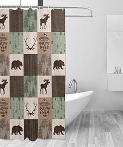Rustic Bear Moose Patchwork Waterproof Bath Shower Curtain in Green