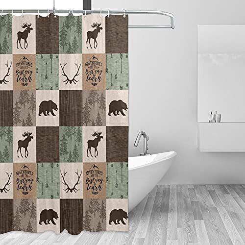Rustic Bear Moose Patchwork Waterproof Bath Shower Curtain in Green