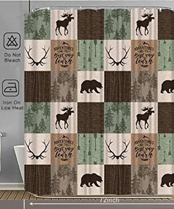 Rustic Bear Moose Patchwork Waterproof Bath Shower Curtain in Green