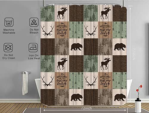 Rustic Bear Moose Patchwork Waterproof Bath Shower Curtain in Green