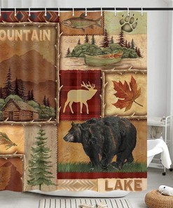 Rustic Bear Shower Curtain Set for Cozy Lodge Cabin Bathroom