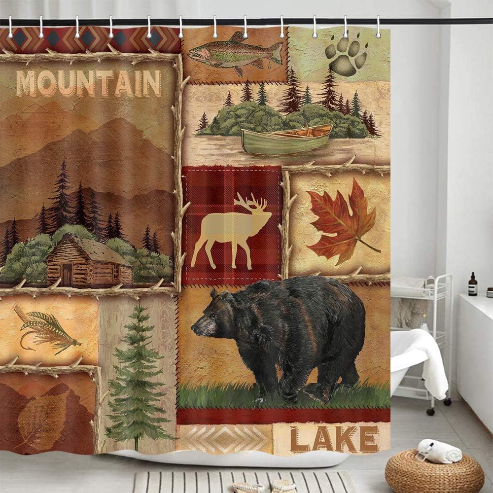 Rustic Bear Shower Curtain Set for Cozy Lodge Cabin Bathroom