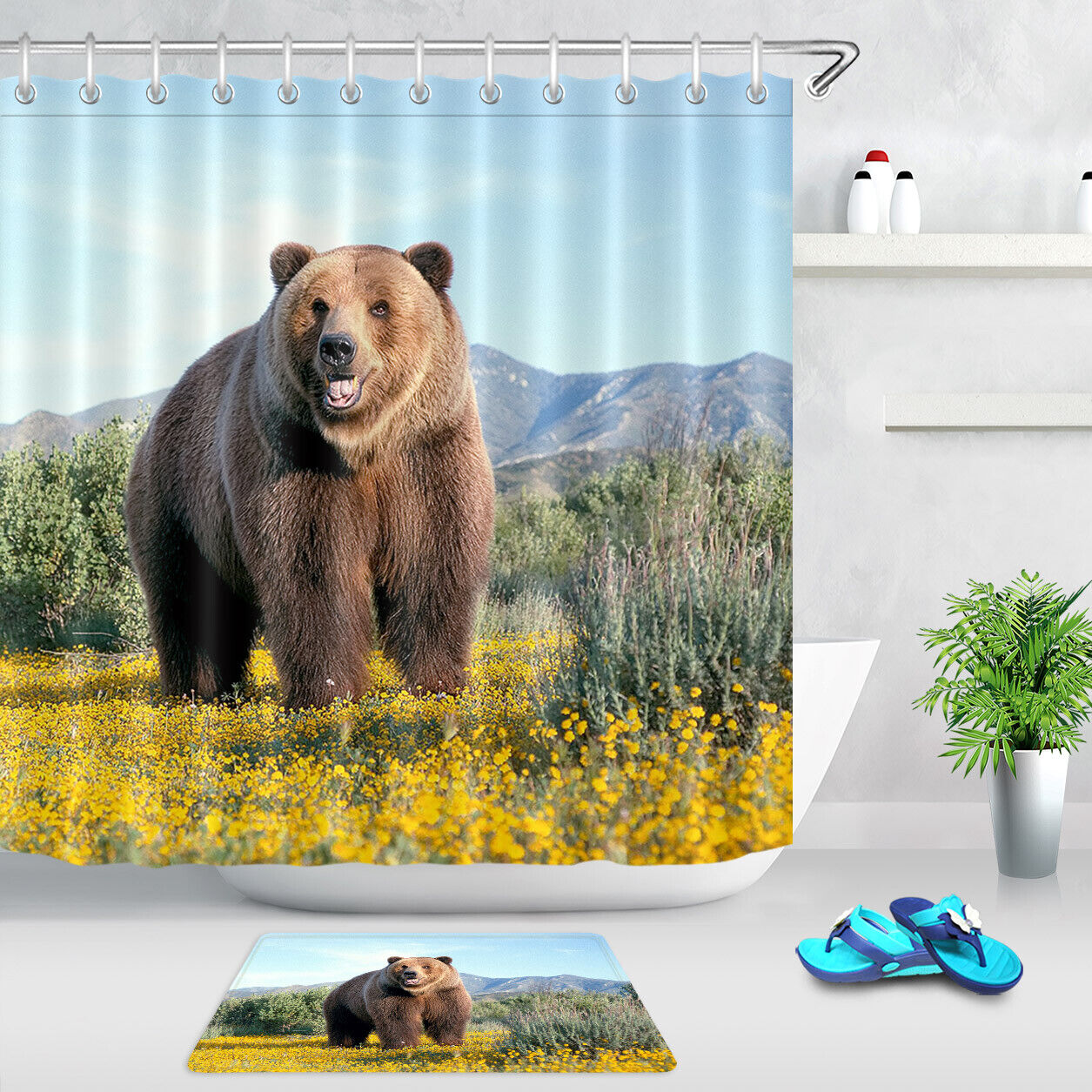 Rustic Bear Shower Curtain With Woodland Theme