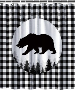Rustic Bear Shower Curtain with Black and White Plaid Patterns