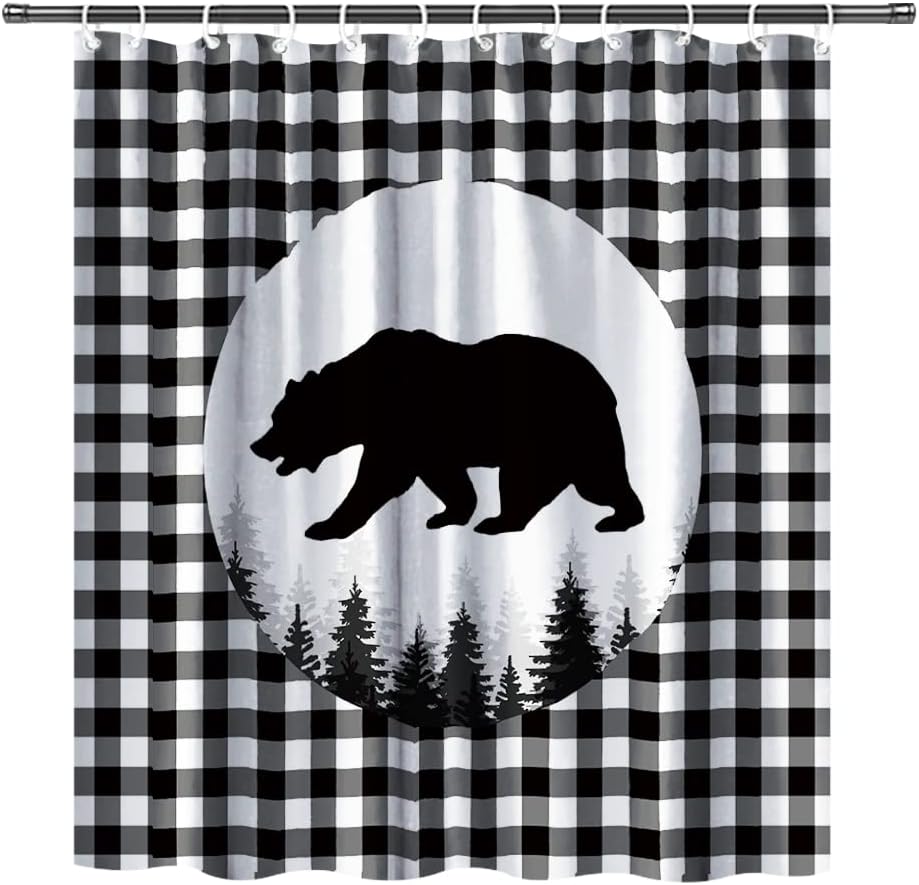 Rustic Bear Shower Curtain with Black and White Plaid Patterns