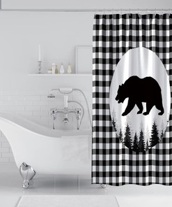 Rustic Bear Shower Curtain with Black and White Plaid Patterns