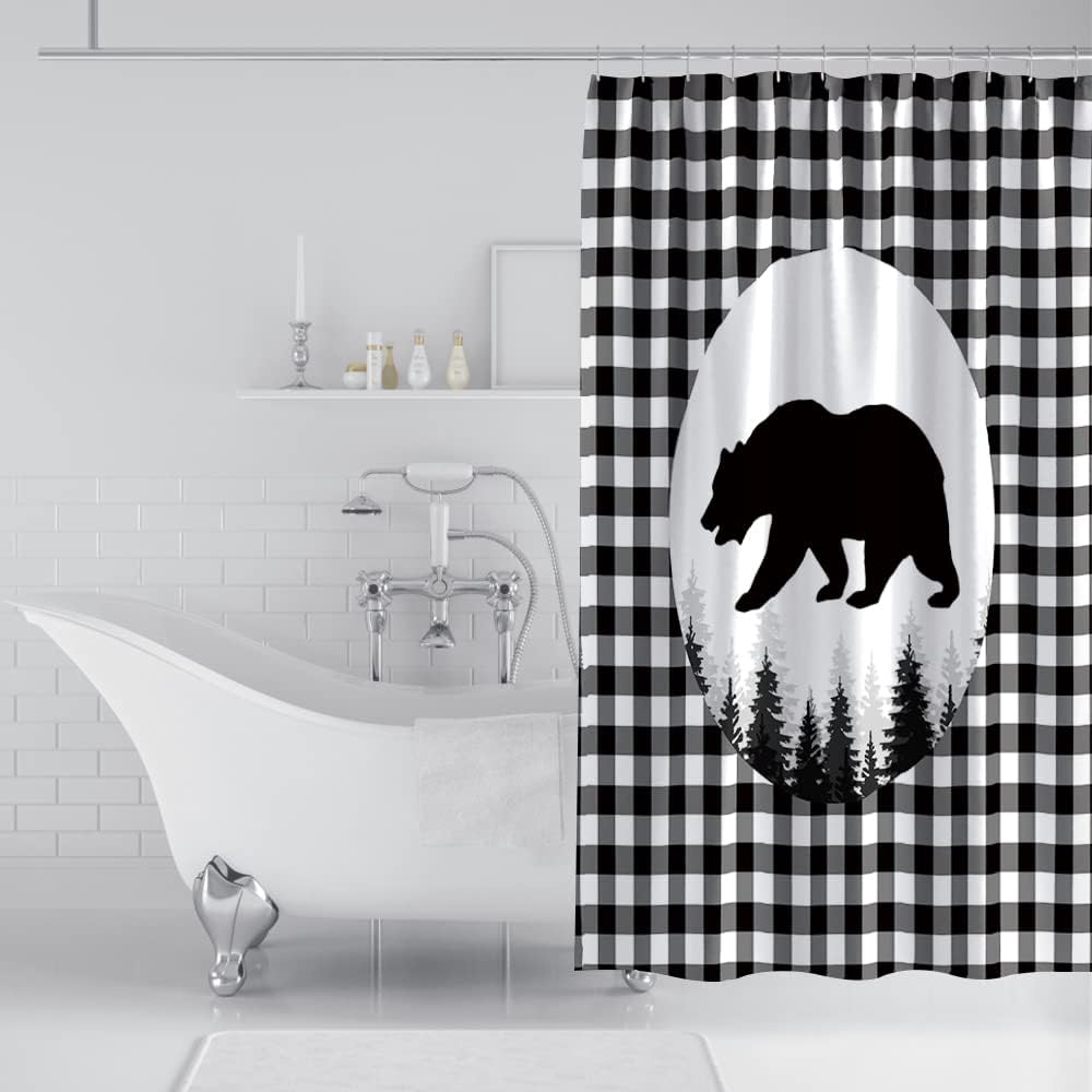 Rustic Bear Shower Curtain with Black and White Plaid Patterns